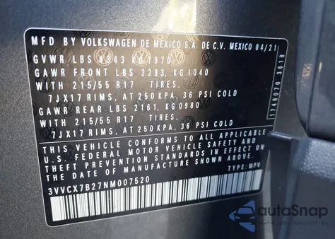 2022 Volkswagen Taos 1.5T S из США, поврежденный, VIN 3VVCX7B27NM007520